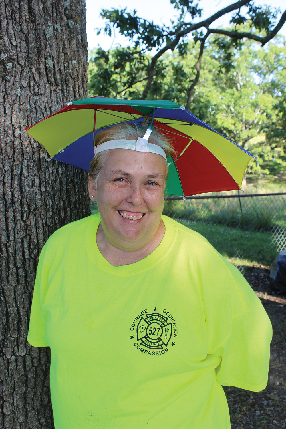 Salena Vaughn came prepared for the sun with her umbrella hat.